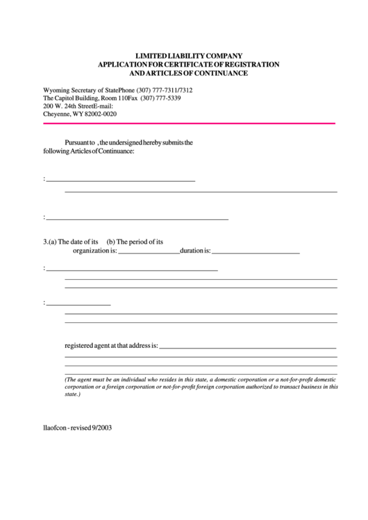 Fillable Limited Liability Company Application For Certificate Of Registration And Articles Of Continuance Form - Wyoming Secretary Of State Printable pdf
