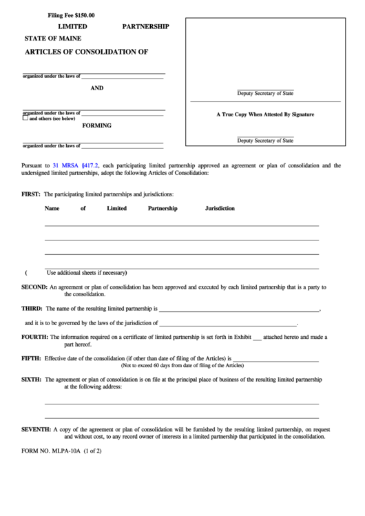 Fillable Form Mlpa-10a - Articles Of Consolidation Printable pdf