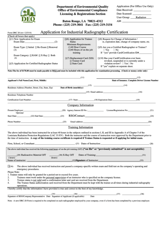 Form Drc 20 - Application For Industrial Radiography Certification - Louisiana Department Of Environmental Quality Printable pdf