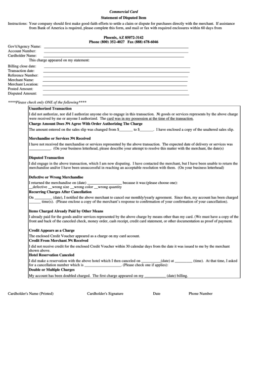 Fillable Statement Of Disputed Item Form - Commercial Card Printable pdf