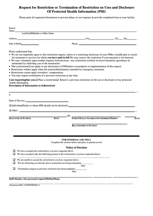 Request Form For Restriction Or Termination Of Restriction On Uses And Disclosure Of Protected Health Information Printable pdf
