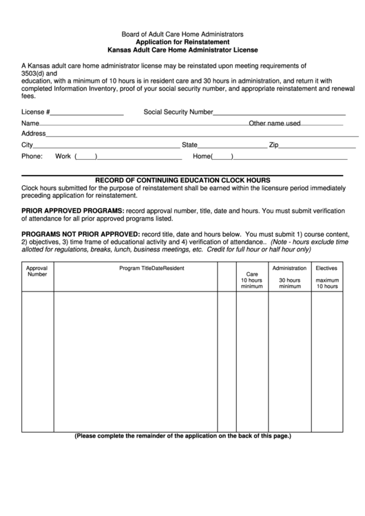 Application Form For Reinstatement - Kansas Department For Aging And Disability Services Printable pdf