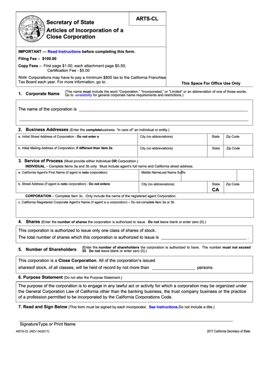 Fillable Form Arts-Cl - Articles Of Incorporation Of A Close Corporation - 2017 Printable pdf