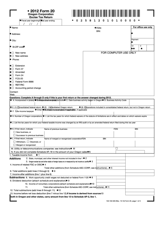 Fillable Form 20 - Oregon Corporation Excise Tax Return - 2012 Printable pdf