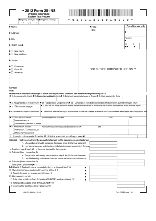 Fillable Form 20-Ins - Oregon Insurance Excise Tax Return - 2012 Printable pdf