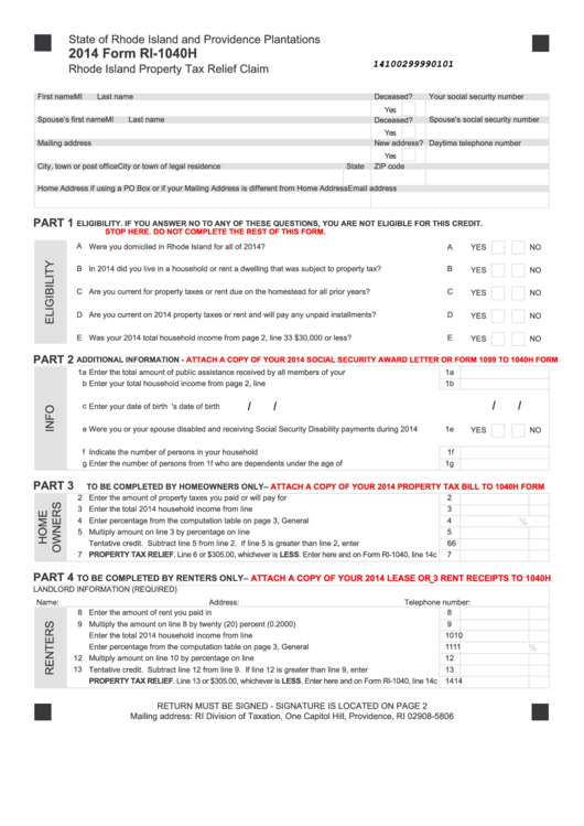 Fillable Form Ri-1040h - Rhode Island Property Tax Relief Claim - 2014 Printable pdf