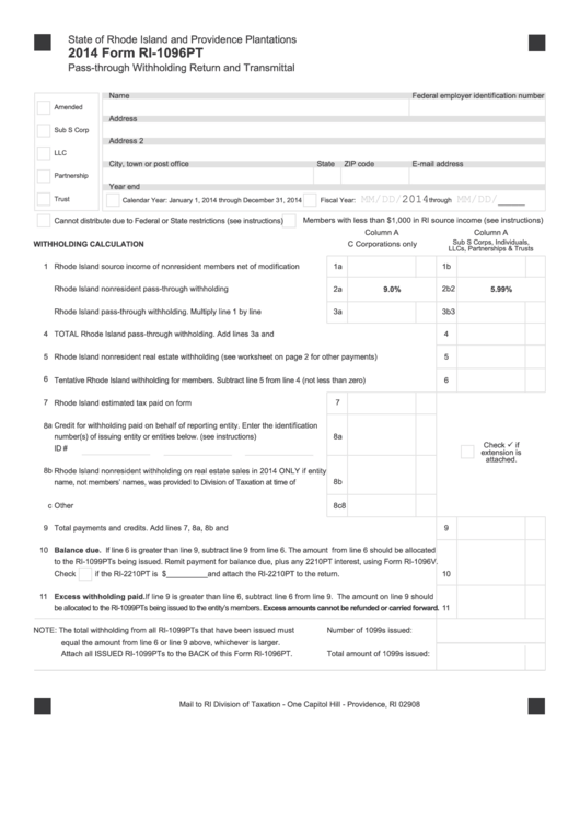 Fillable Form Ri-1096pt - Pass-Through Withholding Return And Transmittal - 2014 Printable pdf