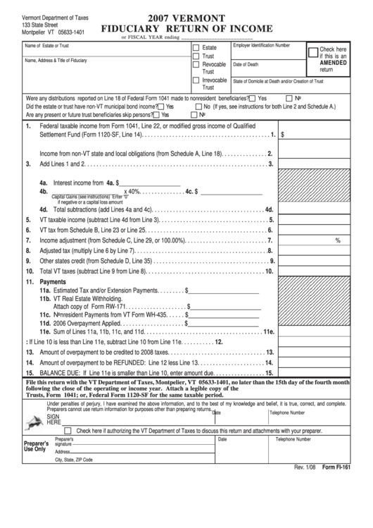 Form Fi-161 - Fiduciary Return Of Income - 2007 Printable pdf