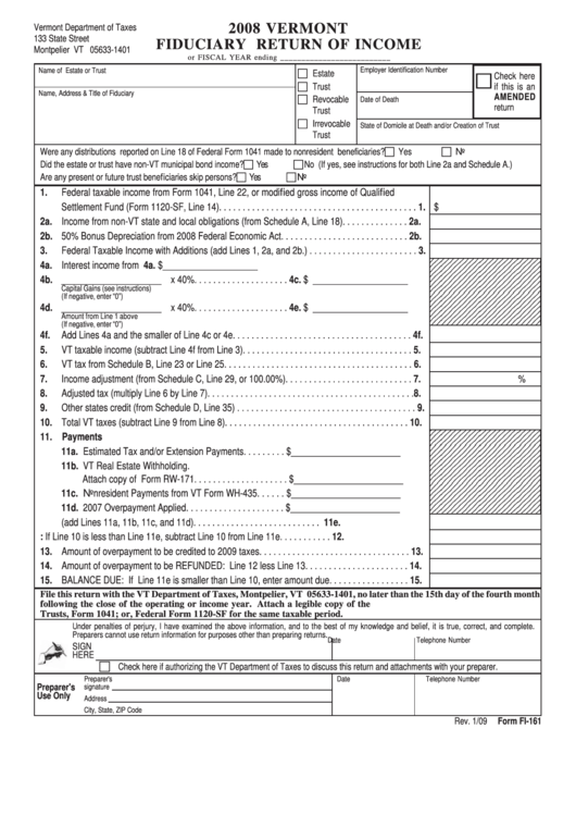 Form Fi-161 - Fiduciary Return Of Income - 2008 Printable pdf