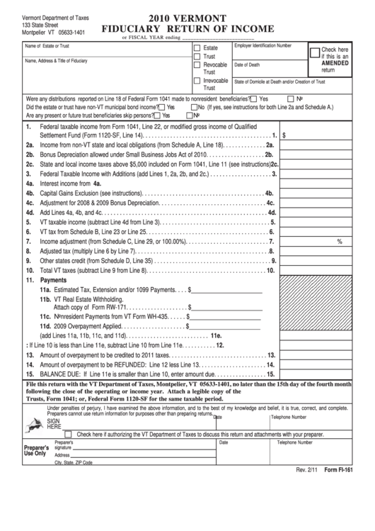 Form Fi-161 - Fiduciary Return Of Income - 2010 Printable pdf