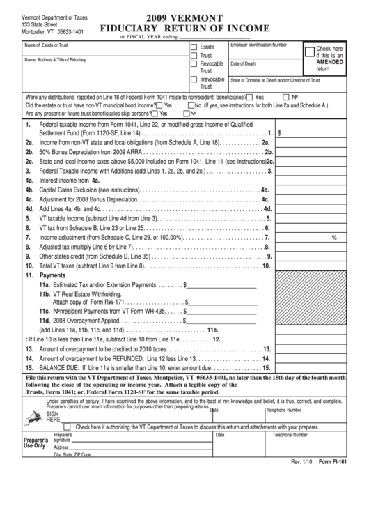 Form Fi-161 - Fiduciary Return Of Income - 2009 Printable pdf