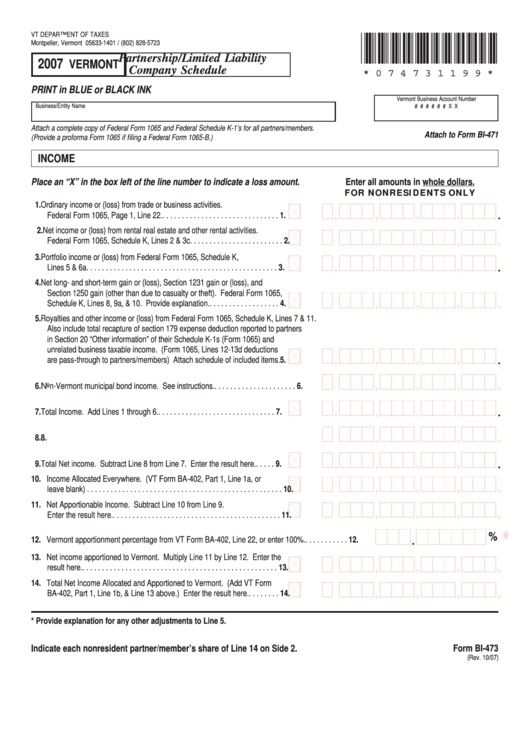 Vermont Form Bi-473 - Partnership/limited Liability Company Schedule - 2007 Printable pdf