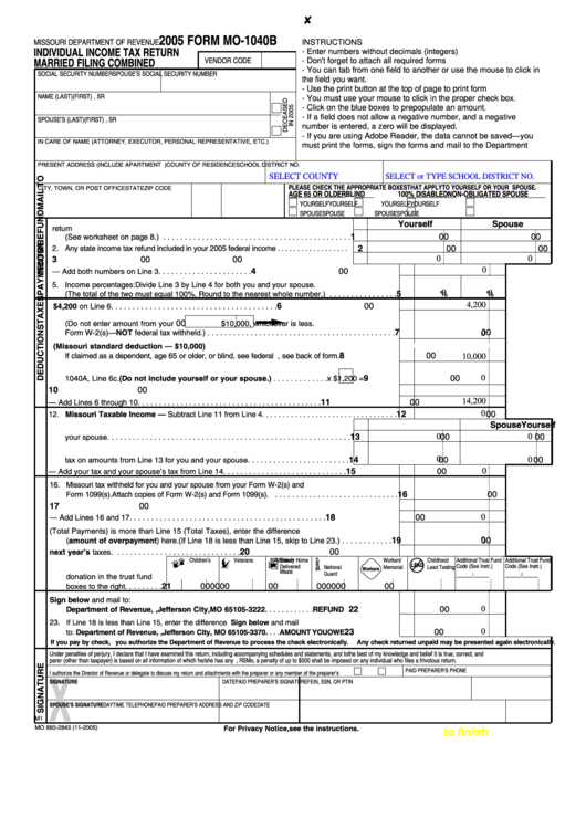 Fillable Form Mo-1040b - Individual Income Tax Return Married Filing Combined - 2005 Printable pdf