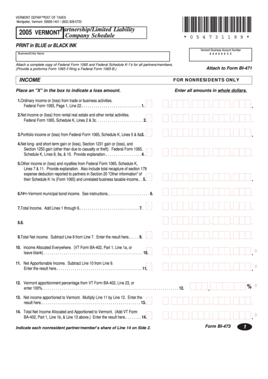 Vermont Form Bi-473 - Partnership/limited Liability Company Schedule - 2005 Printable pdf