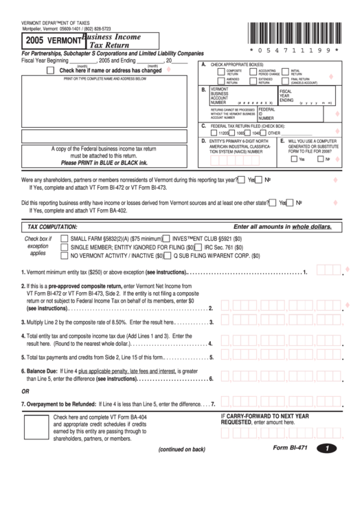 Form Bi-471 - Business Income Tax Return - 2005 Printable pdf