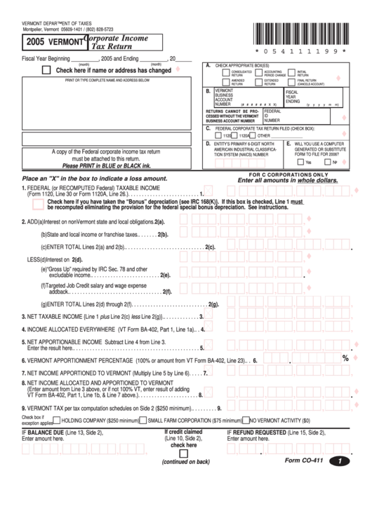 Form Co-411 - Vermont Corporate Income Tax Return - 2005 Printable pdf