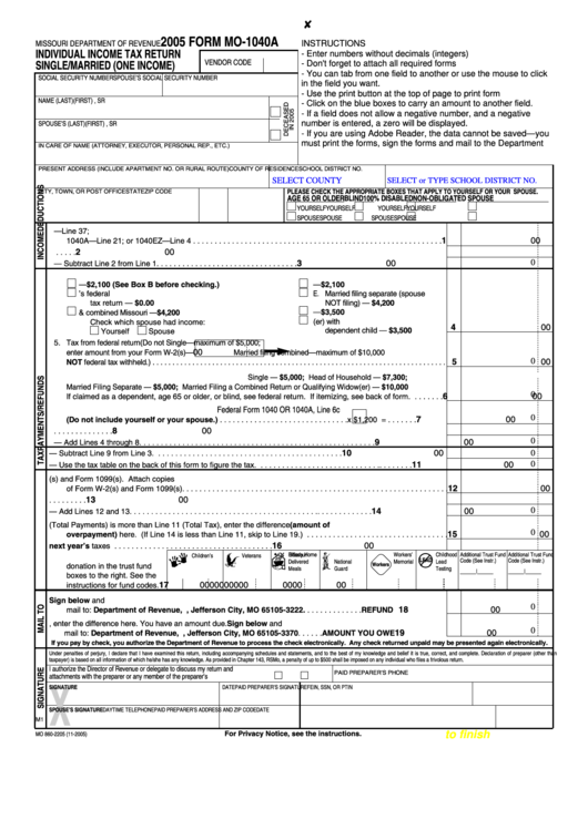 Fillable Form Mo1040a Missouri Individual Tax Return Single