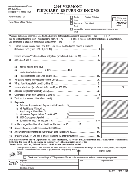 Form Fi-161 - Fiduciary Return Of Income - 2005 Printable pdf