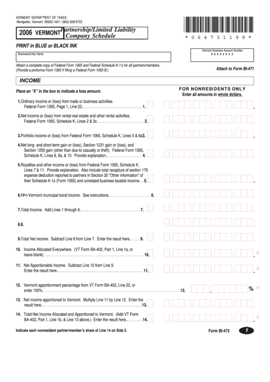 Vermont Form Bi-473 - Partnership/limited Liability Company Schedule - 2006 Printable pdf