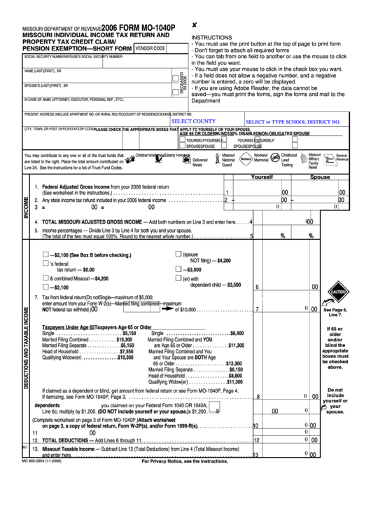 Fillable Form Mo-1040p - Missouri Individual Income Tax Return And Property Tax Credit Claim/pension Exemption - Short Form - 2006 Printable pdf