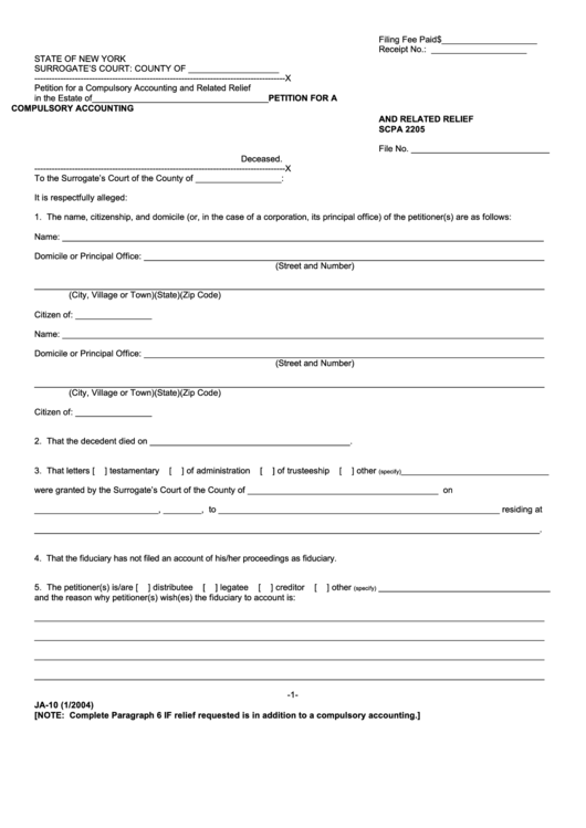 Fillable Form Ja-10 (1/2004) Petition For A Compulsory Accounting And Related Relief In The Estate Printable pdf