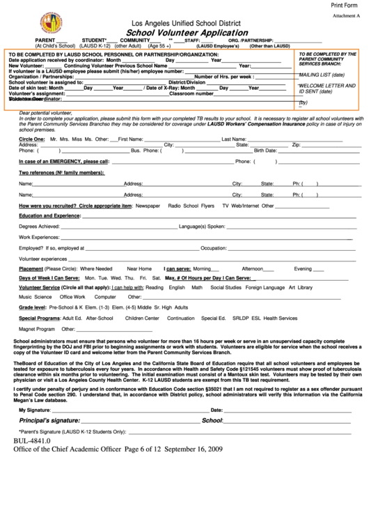 Fillable Form Bul-4841.0 School Volunteer Application - Los Angeles Unified School District Printable pdf