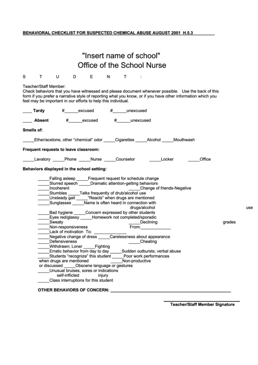 Fillable Form H.5.3 - Behavioral Checklist For Suspected Chemical Abuse Printable pdf