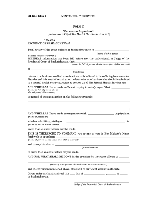 Form C - Warrant To Apprehend Printable pdf