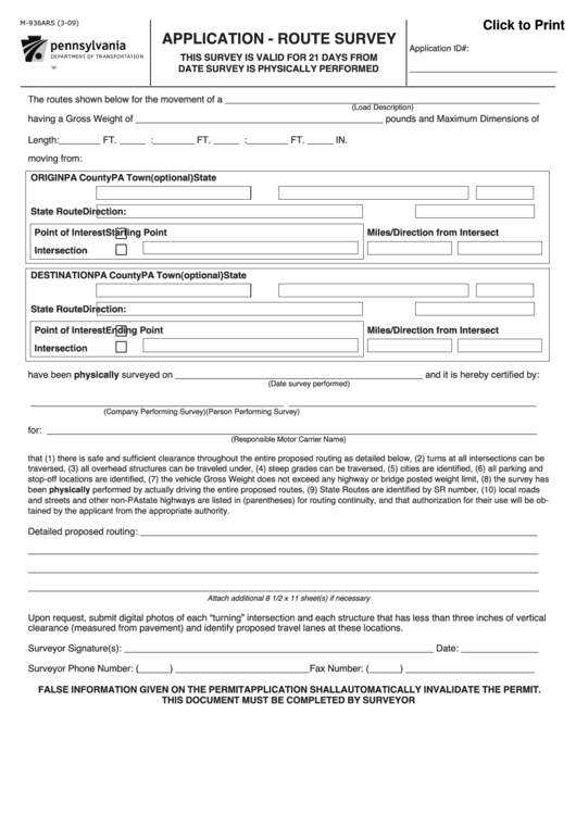 Fillable Form M-936a Rs Application - Route Survey Printable pdf