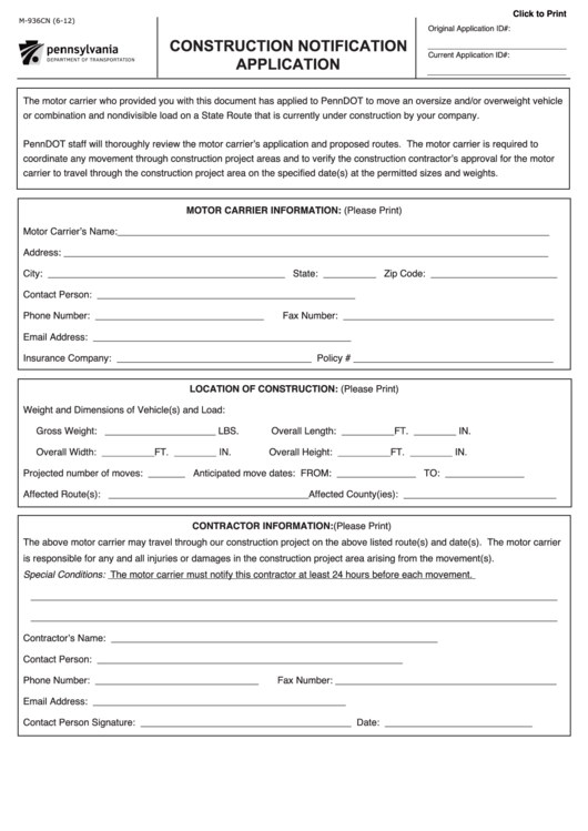 Fillable Form M-936 Cn Application - Construction Notification Printable pdf