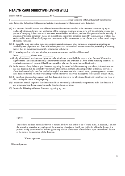 Fillable Health Care Directive (Living Will) Form Printable pdf