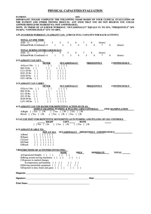 Physical Capacities Evaluation Form Printable pdf