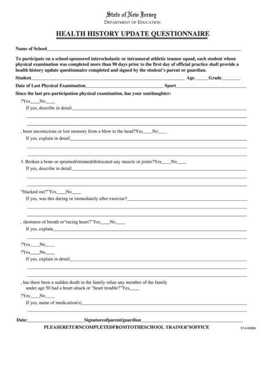 Health History Update Questionnaire Form - New Jersey Department Of Education Printable pdf