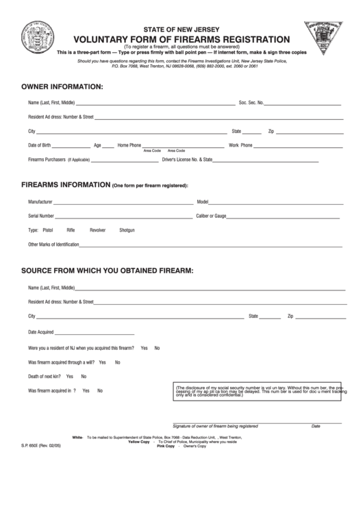 Fillable Voluntary Form Of Firearms Registration Form - State Of New Jersey Printable pdf