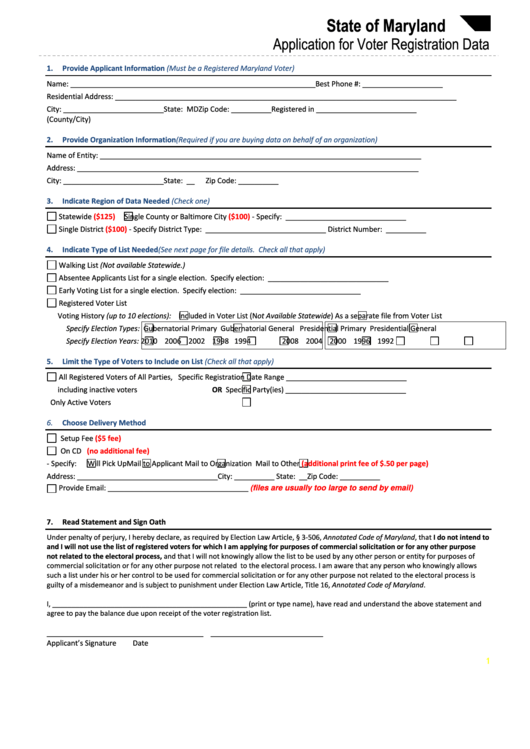 Application For Voter Registration Data Form - State Of Maryland Printable pdf