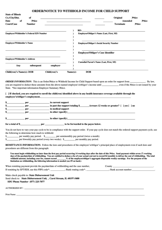 Fillable Order/notice To Withhold Income For Child Support Form Printable pdf