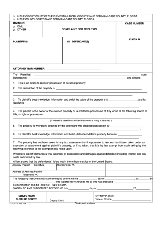 Fillable Complaint For Replevin Form Printable pdf
