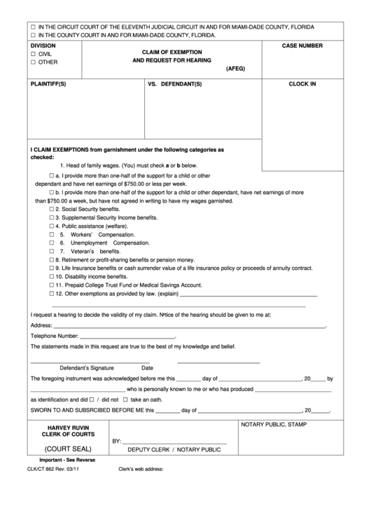 Fillable Form Clk/ct 862 - Claim Of Exemption And Request For Hearing Form 2011 Printable pdf
