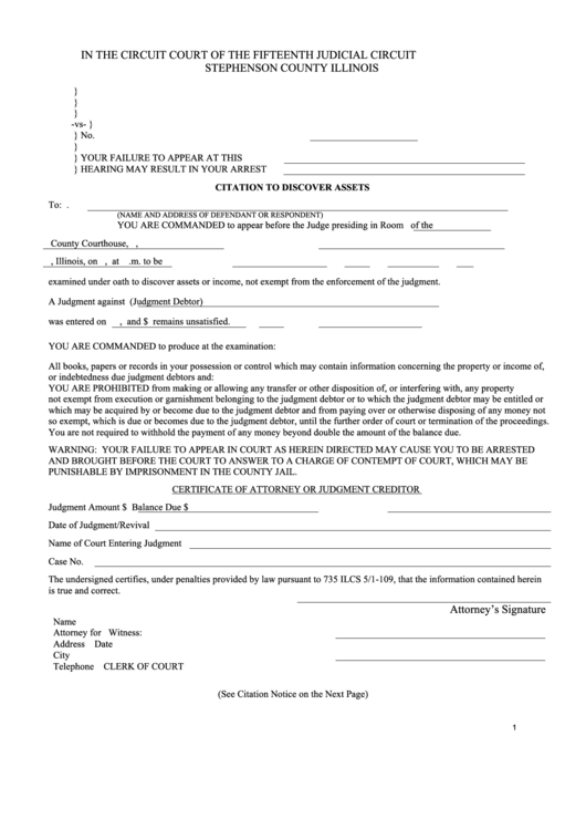 Citation To Discover Assets - Stephenson County Illinois Circuit Court Printable pdf