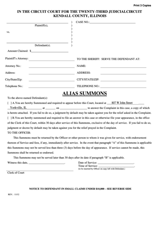 Fillable Alias Summons - Kendall County, Illinois Circuit Court Printable pdf