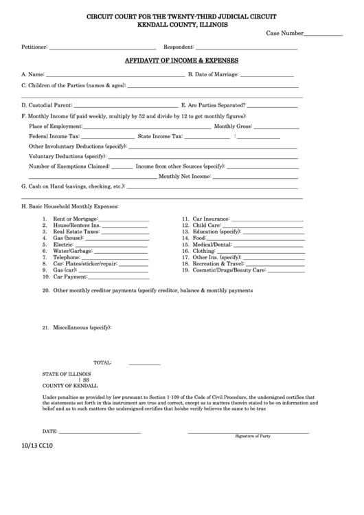 Fillable Form Cc10 - Affidavit Of Income And Expenses Printable pdf