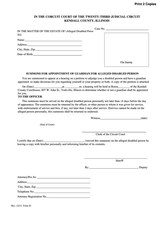Fillable Form 81 - Summons For Appointment Of Guardian For Alleged Disabled Person Printable pdf