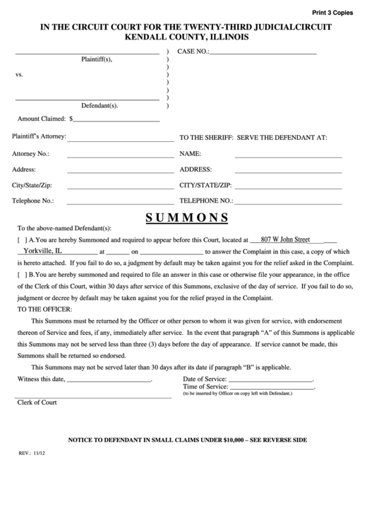 Fillable Summons - Kendall County Circuit Court Printable pdf