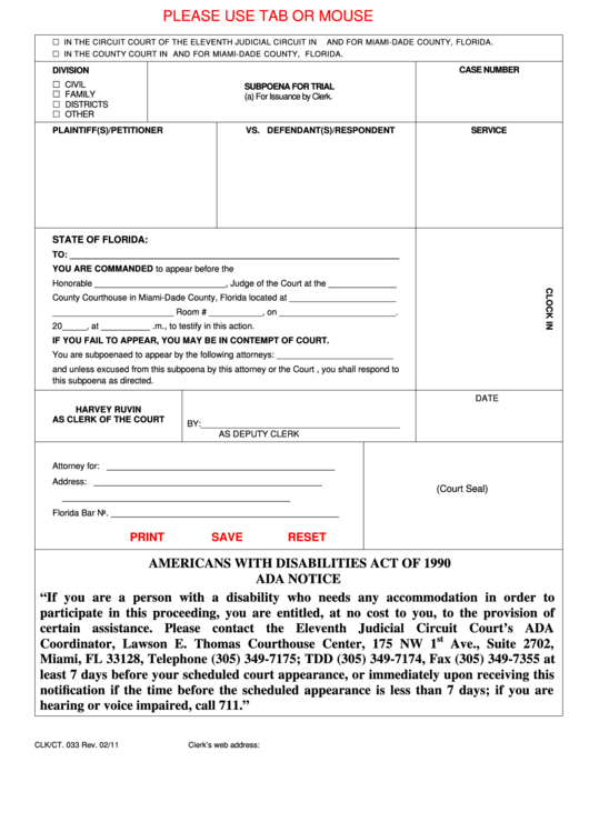 Fillable Form Clk/ct. 033 - Subpoena For Trial (A) For Issuance By Clerk Printable pdf