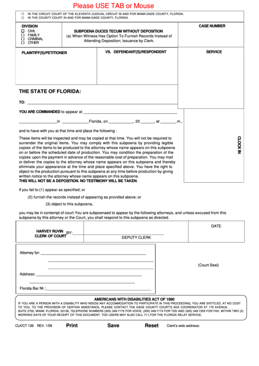 Fillable Subpoena Duces Tecum Without Deposition Form Printable pdf