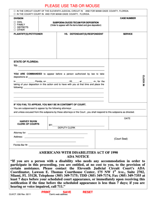 Fillable Form Clk/ct. 036 - Subpoena Duces Tecum For Deposition Printable pdf