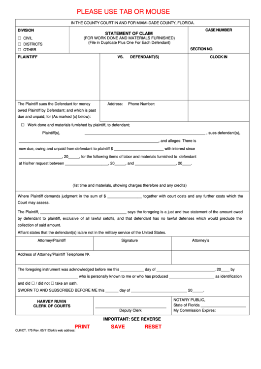 Fillable Form Clk/ct. 175 - Statement Of Claim (For Work Done And Materials Furnished) Printable pdf