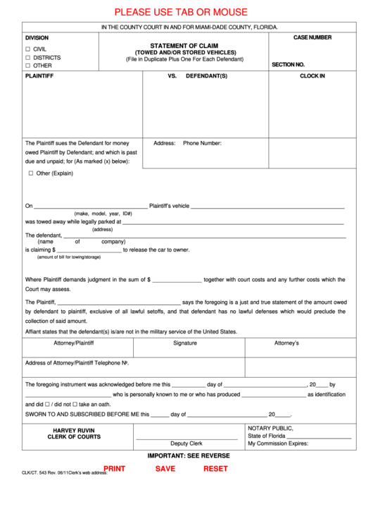 Fillable Form Clk/ct. 543 - Statement Of Claim (Towed And/or Stored Vehicles) Printable pdf