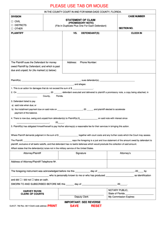 Fillable Form Clk/ct. 792 - Statement Of Claim (Promissory Note) Printable pdf