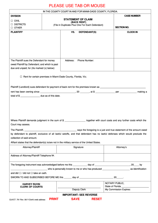Fillable Form Clk/ct. 791 - Statement Of Claim (Back Rent) Printable pdf